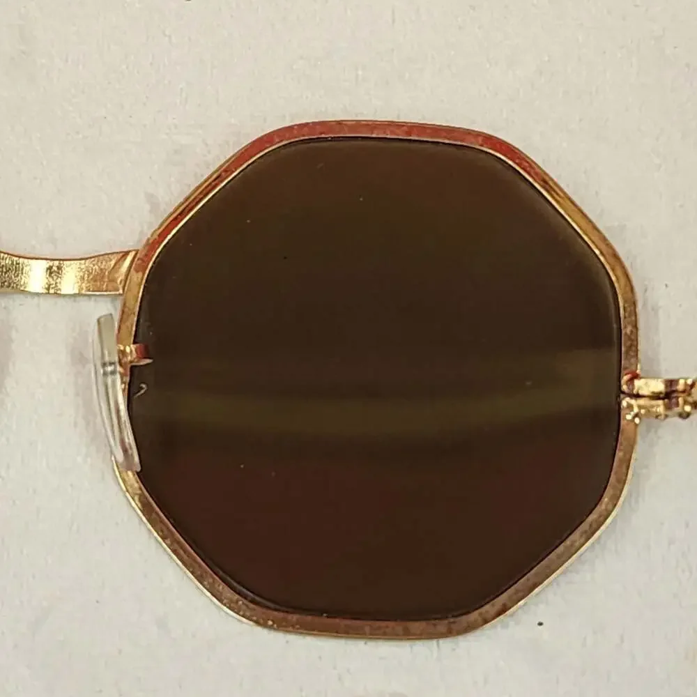 Vintage Octagon Gold Metal Frame Sunglasses with Red Trim and Brown Lenses